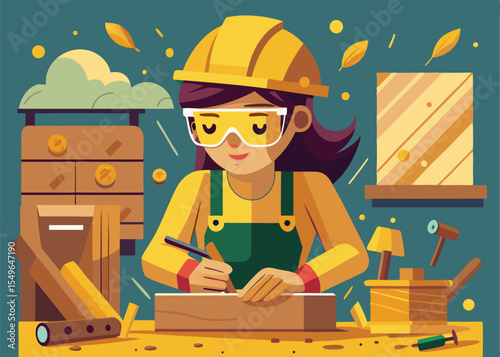 A cheerful cartoon illustration of a young woman wearing a safety helmet and glasses, engaged in a woodworking project.