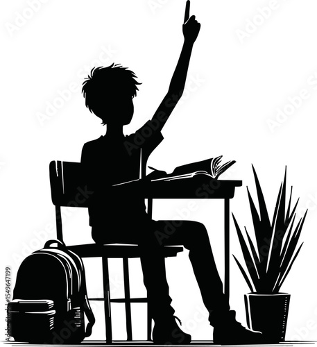 Silhouette of a student raising hand while sitting vector style on white background
