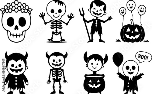  Cute Halloween cartoon characters and elements including skull, skeleton, pumpkin, and little devil 