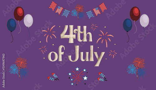 4th of July Independence Day Background Poster Vector. Trendy Independence Day Greeting Card Banner on Purple Background. Freedom Celebration, Fireworks, Patriotic, Nation, Memorial, Celebrate, USA