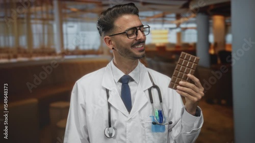 Young hispanic man smiling holds chocolate bar with stethoscope in restaurant; happy selfcare indulgence.