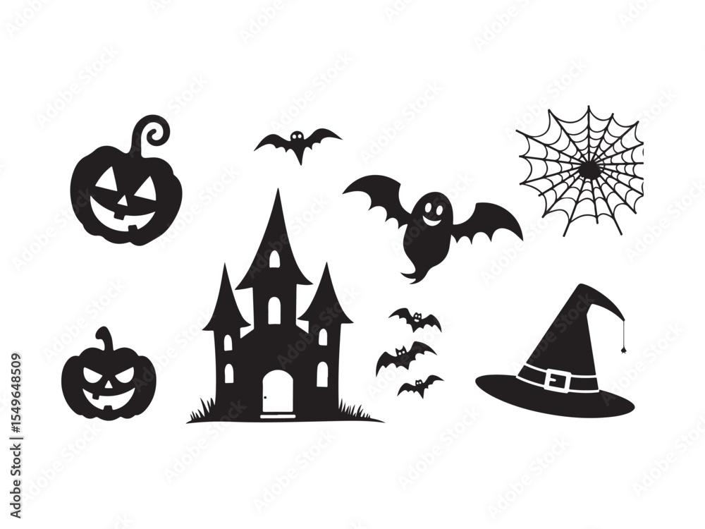 Black and white halloween icon set featuring pumpkins bats castle ghost spiderweb and witch hat Black and white halloween icon set featuring pumpkins bats castle ghost spiderweb and witch hat
