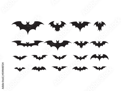 Collection of stylized black bat silhouettes in different sizes and wing positions for halloween