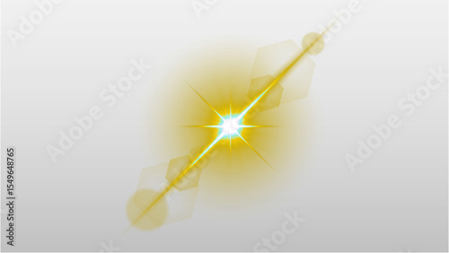 Vibrant golden lens flare with a central bright starburst and reflective streaks, perfect for dynamic light effects and cinematic visuals, featuring a transparent background.