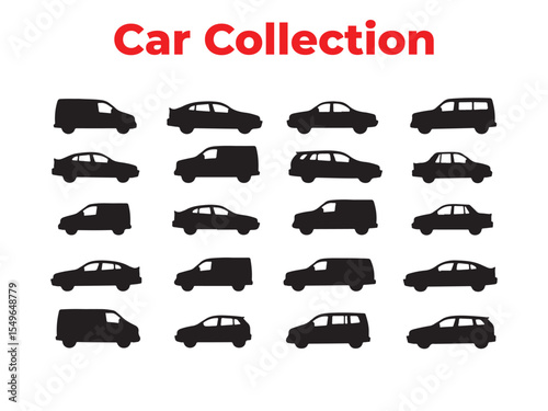 Collection of various car silhouettes in black representing diverse vehicle types and designs