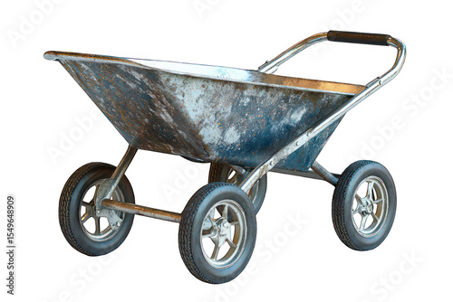 Rusted metal wheelbarrow.  Four wheels support a shallow, slightly angular, metal bed.  Handles are affixed to the upper frame photo