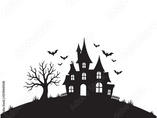 Spooky haunted house silhouette with bats and bare tree on a white background illustration