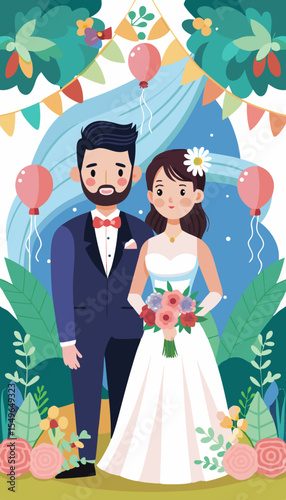 Happy cartoon couple in wedding attire with balloons and floral decorations