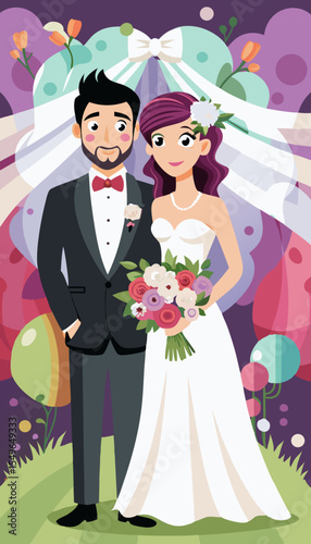 Happy cartoon bride and groom in wedding attire holding flowers