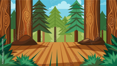 Stylized forest scene with tall trees and a clear blue sky