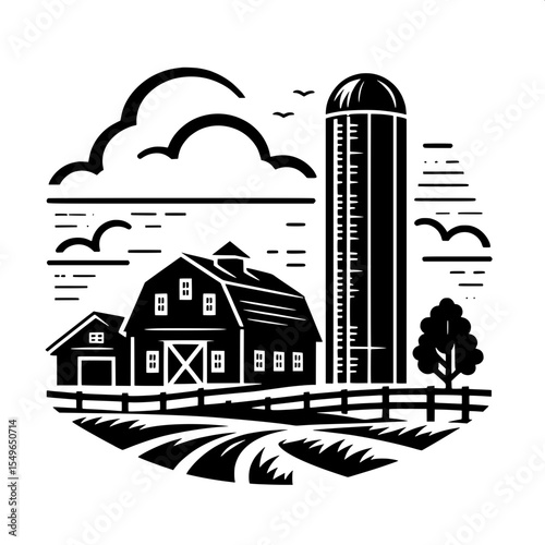 Black and White Vector of a Barn and Silo