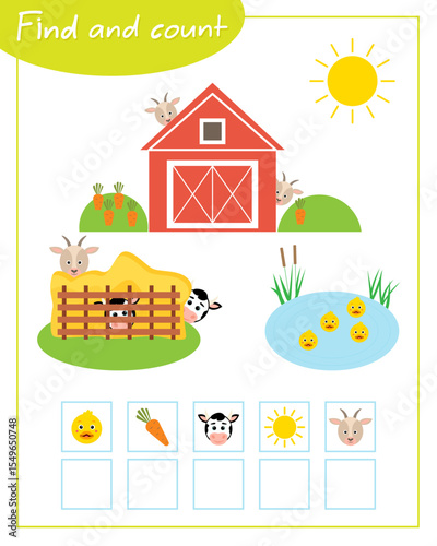 Find and count game on the farm. Education for children. Composition of numbers 1-5.