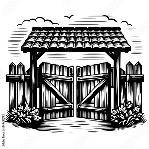 Black and White Vector of a Farm Gate