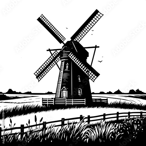 Black and White Vector of a Windmill in a Field