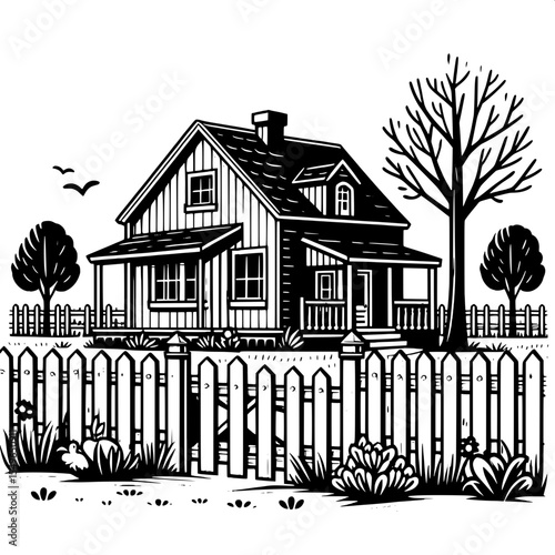 Black and White Vector of a Fenced Farmhouse