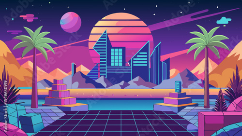 Retro futuristic cityscape with palm trees and a large sunset over mountains
