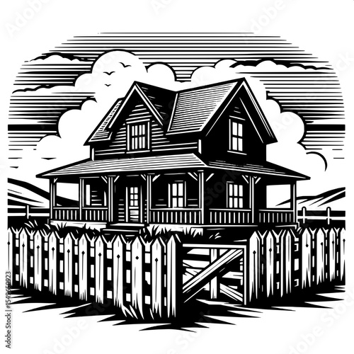 Black and White Vector of a Fenced Farmhouse
