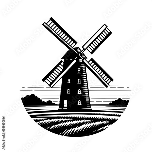 Black and White Vector of a Windmill in a Field