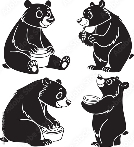 A bundle or a collection of four bear cartoon silhouettes in various eating and holding poses. Perfect for bundle sets, educational material, or merchandise.