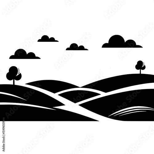 Black and White Vector of Rolling Hills with Trees
