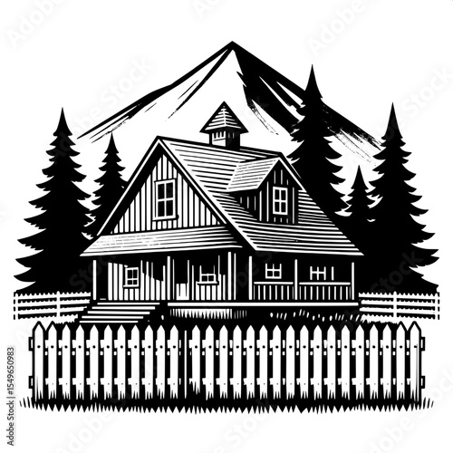 Black and White Vector of a Fenced Farmhouse