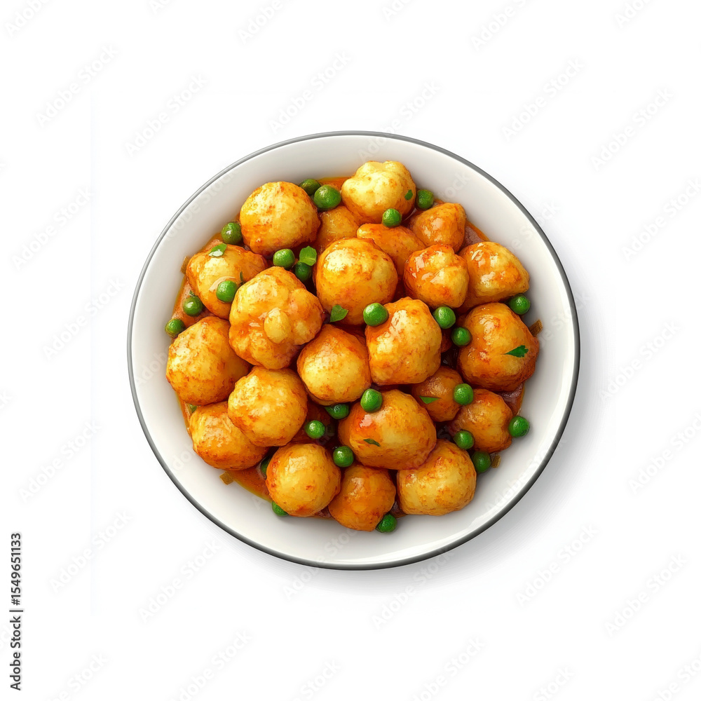 Overhead Shot of Delicious Potato Balls in Spicy Sauce with Peas Overhead Shot of Delicious Potato Balls in Spicy Sauce with Peas