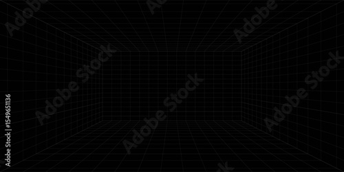 Futuristic perspective grid box. Abstract wireframe with white grid line on black background. Virtual reality landscape in 80s 90s digital style. Vector illustration.