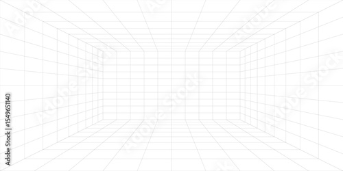 Empty futuristic digital box room white background with black grid space line color surface. Network cyber technology. vector.