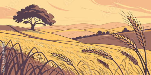 Golden Hills at Sunset with Wheat Fields