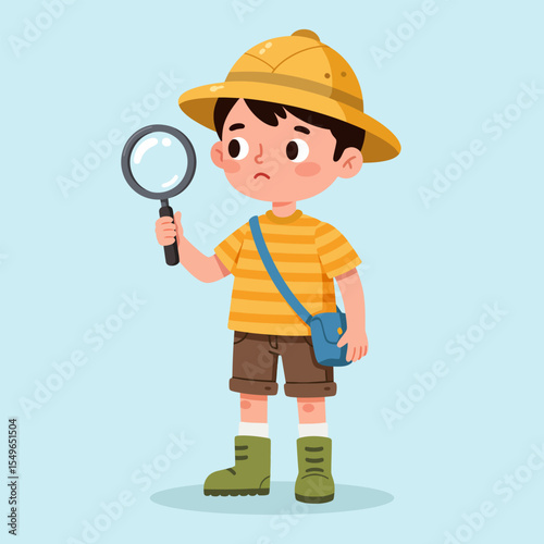 Curious Boy Explorer with Magnifying Glass Discovering Nature