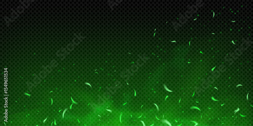 Green magical spark and fire effect on dark smoky background. Glowing particles and ember flames. Toxic fog, fairy glitter and neon light add fantasy and mystery. Abstract festive scene