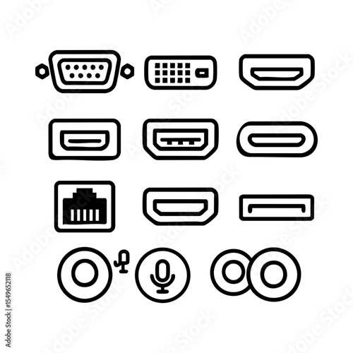 Outline icon set of major computer ports and connectors for tech interface and hardware diagrams