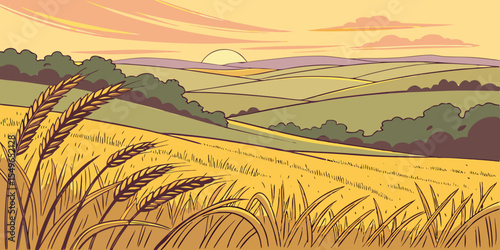 Wheat Field Landscape at Sunset with Rolling Hills and Trees Illustration