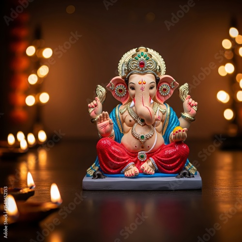 A festive scene for Ganesh Chaturthi or Diwali, featuring a Lord Ganesha idol illuminated by the warm glow of diya lamps

