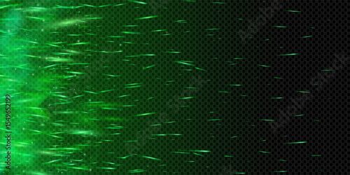 Glowing green flame with dynamic sparks and magical particles. Dark smoky background with neon shine, fairy dust and toxic mist. Abstract fantasy fire with hot embers and transparent night glow.
