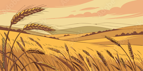 Golden wheat field with rolling hills and sky in a vintage style