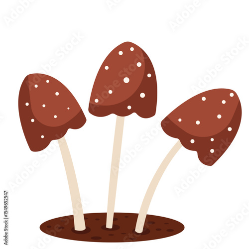 Flat Vector Illustration of Three Spotted Brown Mushrooms Growing from Soil