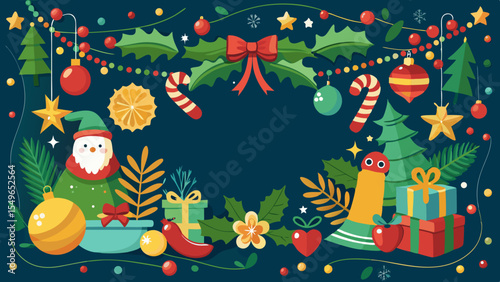 Festive christmas border with santa claus gifts ornaments and candy canes