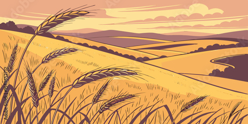 Wheat field landscape illustration with rolling hills and stylized sky