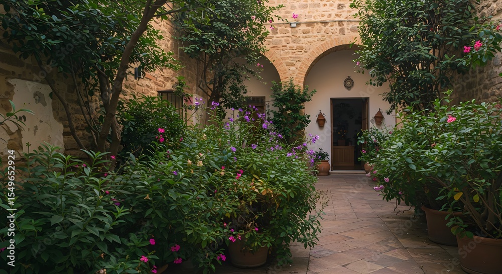 Fototapeta premium Courtyard, Garden, Stone, Serene Courtyard Garden with Stone Archway