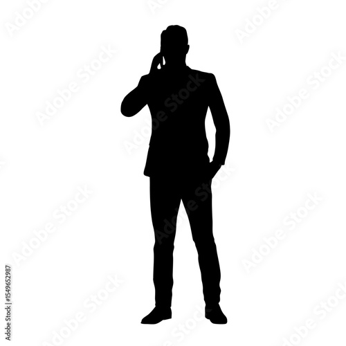 Business man standing and holding cell phone. Business call, isolated vector silhouette