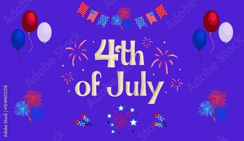 4th of July Independence Day Background Poster Vector. Trendy Independence Day Greeting Card Banner on Purple Background. Freedom Celebration, Fireworks, Patriotic, Nation, Memorial, Celebrate, USA