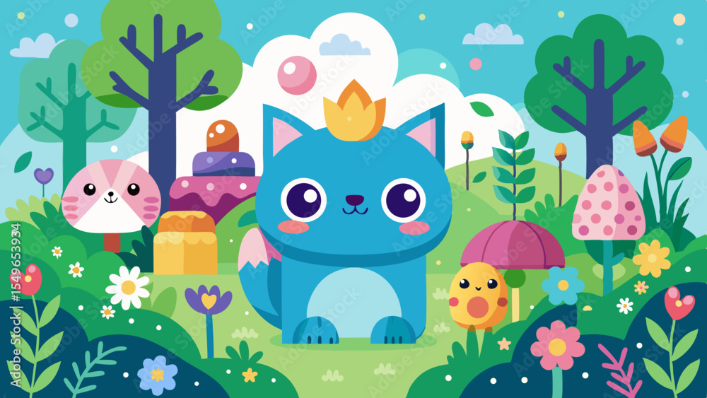 Naklejka premium Cute blue cat wearing a crown in a whimsical forest with friends