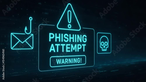 Visual representation of a phishing attempt warning, featuring icons like a hook, envelope, and skull. This graphic highlights the dangers of online scams and cyber threats.