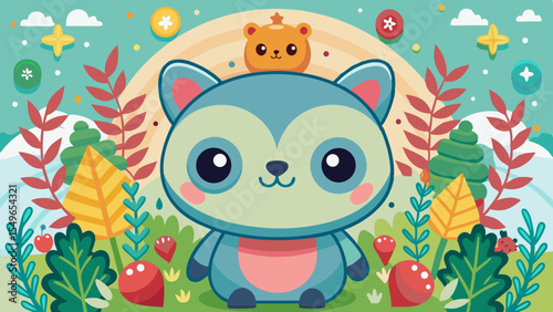 Cute blue cartoon animal with a small bear on its head in a colorful forest