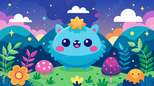 Cute blue fluffy monster character in a magical fantasy landscape at night