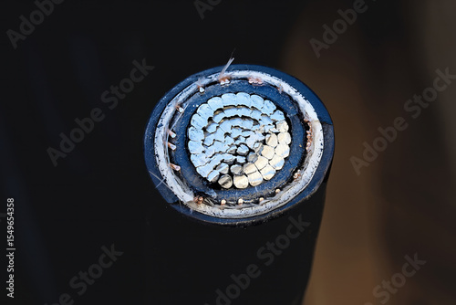 Tablou pe pânză High voltage electrical cable cross-section showing internal conductive metal strands, insulation layers, and outer protective sheath