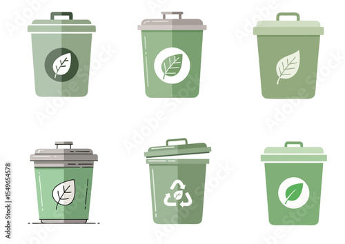 Recycling bin with lid and leaf symbol on front in soft green and neutral tones, flat vector illustration on white