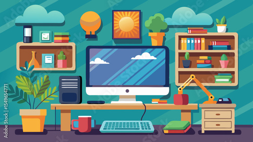 Modern home office setup with computer plants and bookshelves