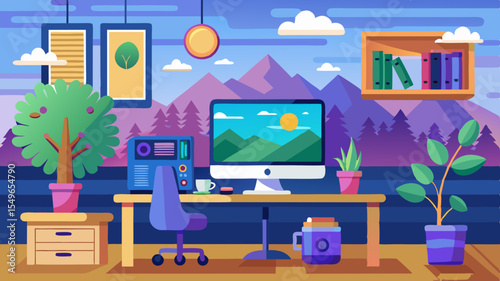 Modern home office setup with computer and plants against a mountain landscape